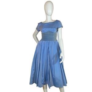 50's Vintage Handmade Cornflower-Blue Silk Taffeta Evening Gown